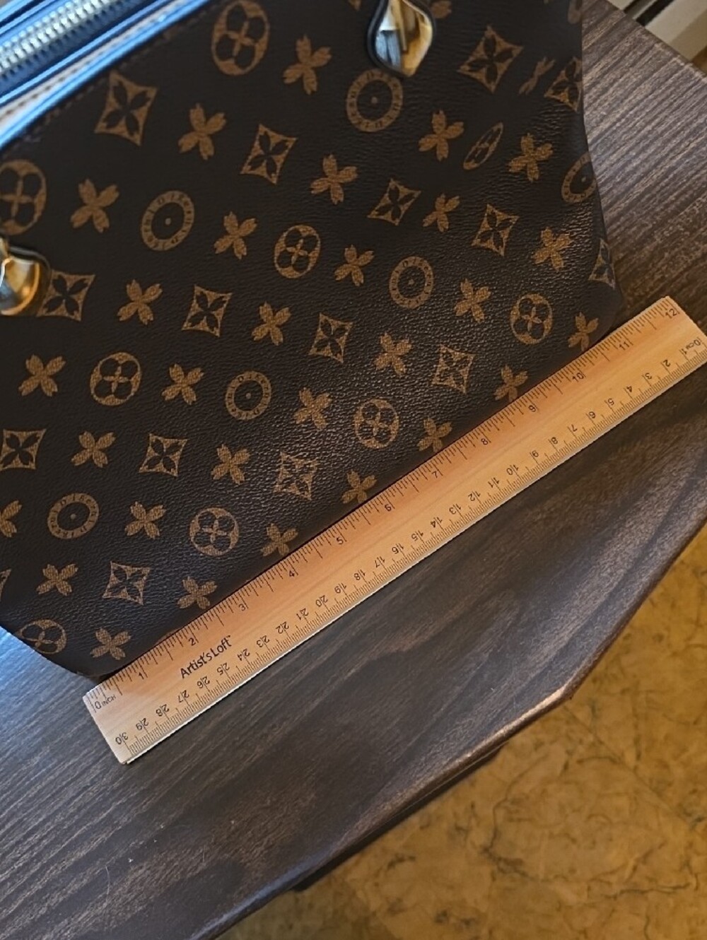 Brown Monogram Satchel Handbag with Gold Accents - Picture 13 of 16